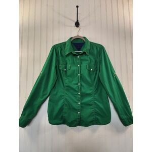 Tommy Hilfiger Womens Kelly Green Button Down Roll Tab Sleeve Shirt Size Large